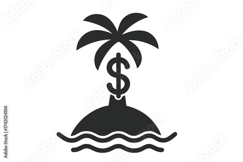 Tax haven icon, fiscal paradise metaphor. Island with a dollar currency symbol as a palm tree. Offshore banking, business and finance concept. Tax evasion, wealth. Vector.