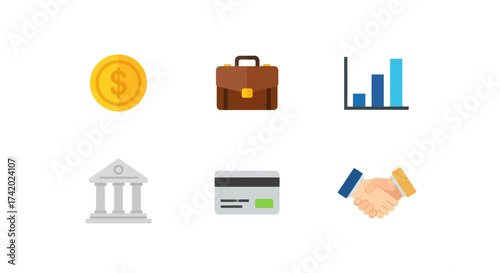 Financial success icons including money, briefcase, graph, bank, credit card, and handshake