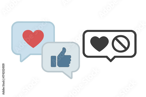 Friend zone concept vector illustration. Chat bubble with love heart, like thumbs up icon. Unrequited love symbol, rejection sign. Relationship problem, social media reaction.