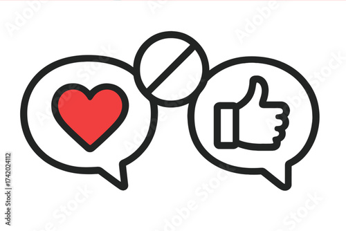 Friend zone concept vector illustration. Chat bubbles with heart and thumbs up icons. Unrequited love vs friendship. Rejection and relationship conflict symbol. One-sided love.