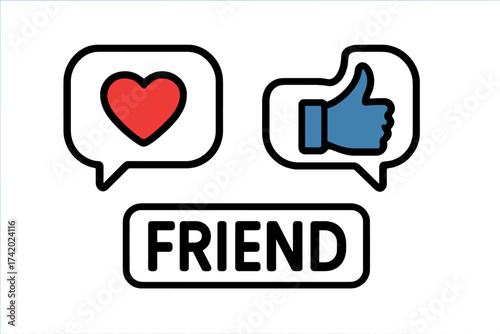 Friend zone concept vector illustration. Chat bubble with red heart and thumb up like icon. Unrequited love sign symbol. One-sided relationship problem. Social media metaphor.