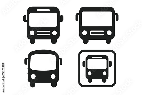 Bus icon set. Public transport icons. Vector transportation symbols. Bus stop sign & button. Travel, tour & school bus pictogram collection. Web & app logo illustration.