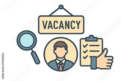 Job vacancy and recruitment icon set. Human resources concept for hiring and employment. Searching for a new employee or candidate. Career opportunity and personnel selection vector.