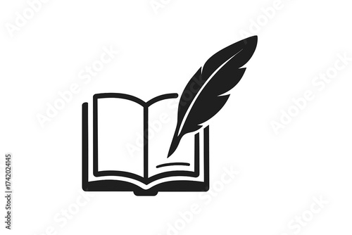 Quill pen on open book icon. Vector for literature, writing, and history. Symbol of author, poetry, education, storytelling, law, notary, diary, and classic knowledge.