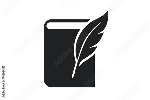Literature icon with quill and book. Writing symbol for author, poet, or history. Vector logo for education, library, publisher. Classic storytelling, knowledge concept.