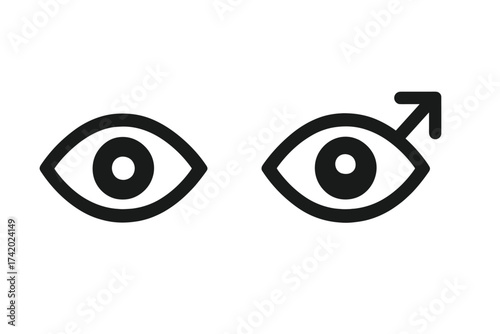 Eye icon vector set with male gender symbol. Metaphor for male gaze, men's perspective, vision, looking ahead, ambition, direction. Simple look and view symbol for design.