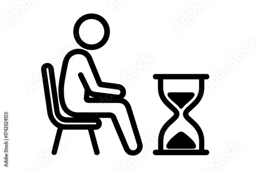 Person sitting and waiting next to an hourglass. Concept of time passing, patience, deadline, or procrastination. Waiting for the end. Time management symbol. Lifetime.