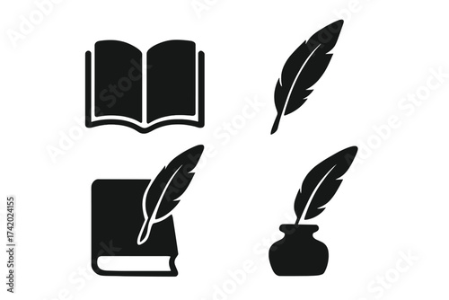 Quill pen and inkwell with book vector icon set. Symbol of literature, history, poetry and knowledge. Feather pen for writing and calligraphy. Author, writer, journalist logo.
