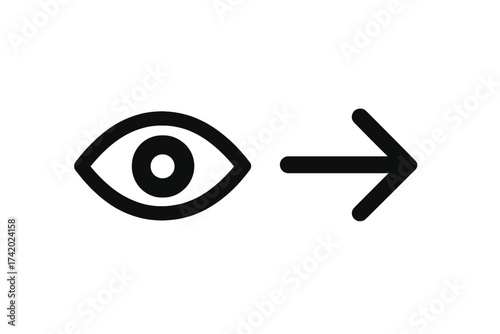 Eye icon with arrow. Looking forward to the future concept. Vision, direction, and strategy symbol. Next step, progress, and perspective. See ahead. Guidance and observation.