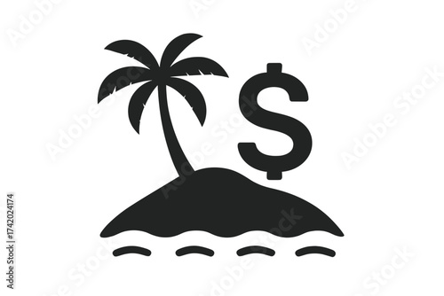 Tax haven vector icon, fiscal paradise symbol. Dollar sign on tropical island. Offshore banking, finance, investment, wealth, tax evasion and money business concept.
