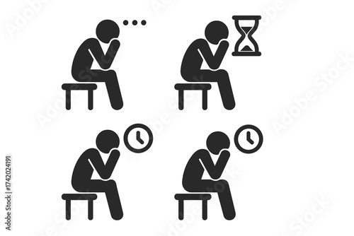 Waiting icon set. Man sitting thinking. Stress, anxiety, depression pictogram. Time pressure, deadline concept. Boredom, impatience, sadness metaphor. Contemplation symbol.