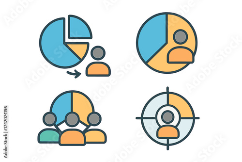 Target audience icon set. Market segmentation and customer analysis. Business marketing strategy. Infographic pie chart for data analytics and demographic research. User profile.