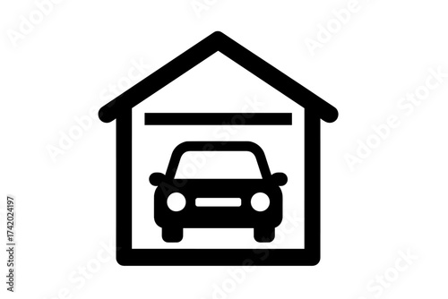 Car garage icon vector. Parking sign. Home vehicle storage symbol. Automobile in house pictogram. Carport graphic. Auto repair service concept. Car shelter silhouette isolated.