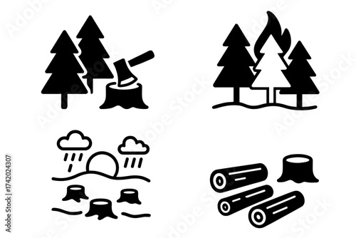 Deforestation icon set. Concepts of forest destruction, logging, and wildfire. Vector symbols for climate change, environmental damage, and the wood and timber industry.