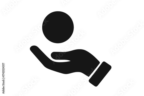 Hand holding coin icon for payment, donation, and investment. Symbol for salary, income, and savings. Financial concept of getting money, charity, and business transaction.