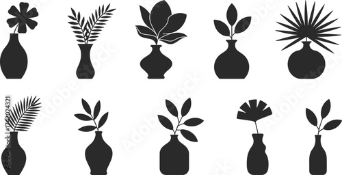 Black and white flower vase silhouettes set, minimalist botanical illustration, elegant home decor vector, modern floral design collection art