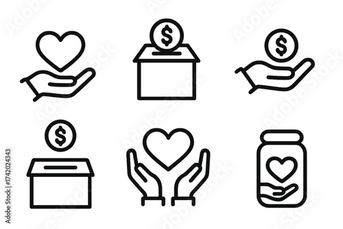 Donation and charity line icon set. Giving money for a cause. Vector collection of symbols for philanthropy, support, help, and fundraising. Volunteer and kindness concept.