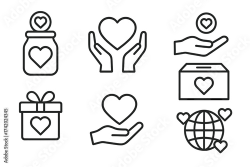 Charity and donation line icon set. Vector symbols for volunteering, giving love, support, and humanitarian aid. Includes heart in hands, donation box, money jar, and globe.