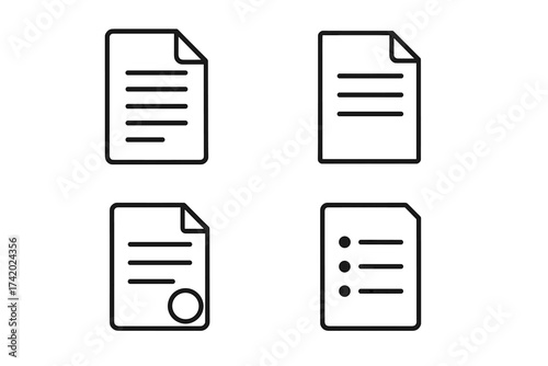 Document vector icon set. Paper page, file, and report line art symbols. Contract with seal, business form, checklist, and list icons. Office graphic design elements.