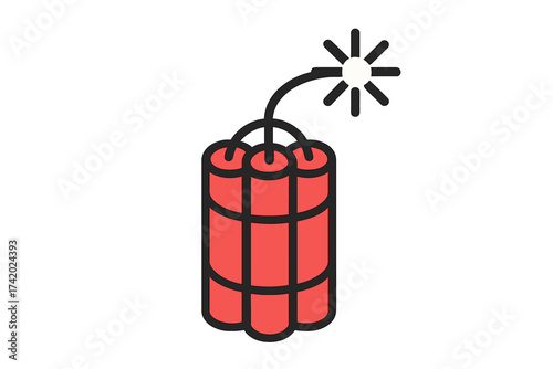 Dynamite bomb vector icon illustration. Red explosive sticks with burning fuse. Concept of danger, explosion, risk, and deadline. TNT flat design for warning or weapon symbol.