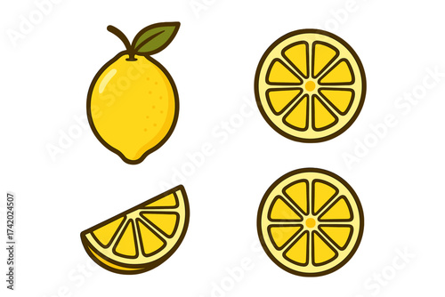 Lemon fruit vector icon set with whole fruit, juicy citrus slices, and fresh lime wedge. Flat cartoon graphic illustration collection. Healthy food and vitamin C symbol.