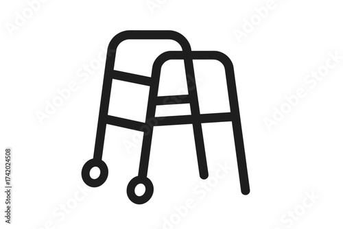 Walker icon. Mobility aid for elderly and disabled people. Walking frame for seniors. Medical equipment for rehabilitation, support, and healthcare. Physiotherapy concept vector.