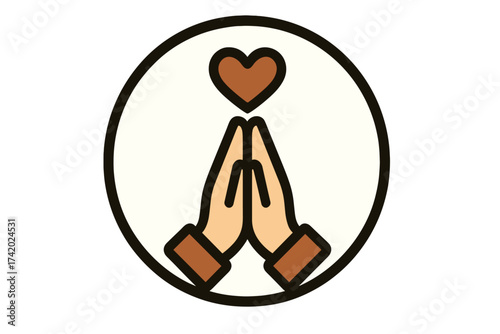 Namaste gratitude icon with praying hands and love heart symbol. Vector illustration concept for thankfulness, spirituality, mindfulness, peace, hope, yoga, and meditation.