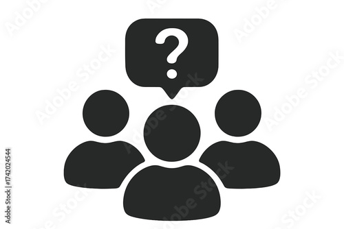 Group of people with question mark icon. Team communication, survey, and feedback symbol. Public opinion poll, user research, and Q&A session vector illustration.