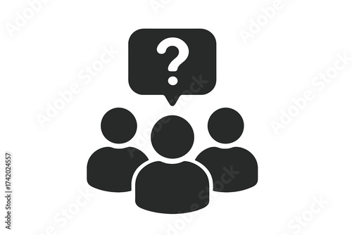 Group of people with question mark icon. Concept of survey, poll, public opinion, and user feedback. Symbol for support, help, FAQ, forum, and teamwork brainstorming.