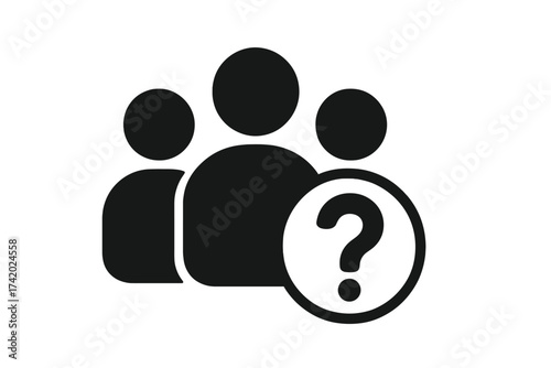 Group of people with question mark icon. Symbol for survey, poll, public opinion, FAQ. Concept for customer support, teamwork, user query, market research. Vector illustration.