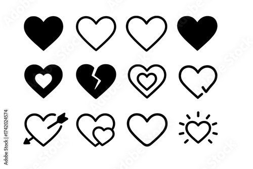 Heart vector icon set. Love symbol collection. Valentine's Day linear and glyph pictograms. Broken heart, arrow, and like button signs. Romance and health concepts.