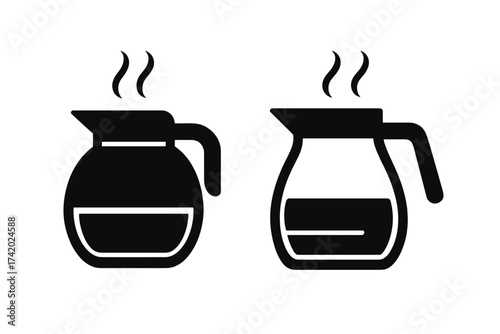 Coffee pot icon set. Hot coffee jug silhouette symbol. Vector illustration of a steaming carafe for breakfast or cafe menu. Simple flat pictogram for web and mobile apps.