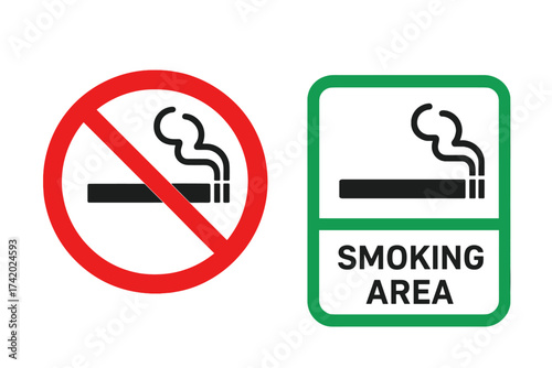 No smoking and smoking area signs vector set. Red prohibition circle and green allowed zone symbol. Cigarette icon for public places. Warning and information graphic element.