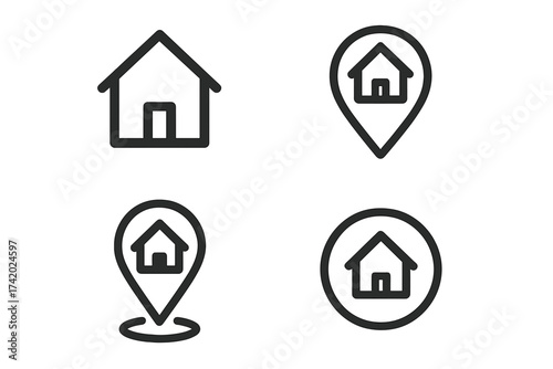 Home location pin icon set. House and map pointer vector collection. Geotag, address, destination, and residence sign. Real estate property symbol. Navigation, GPS, place marker.