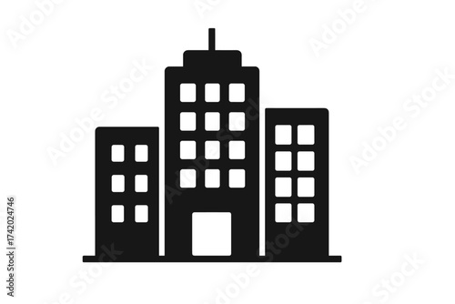 Office building icon set. Cityscape symbol with skyscrapers. Urban downtown pictogram. Business headquarters silhouette. Real estate architecture graphic. Vector illustration.