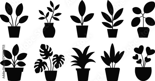 Black and white potted plant icons set, minimalist botanical design, indoor plant silhouette collection, modern home decor vector illustration