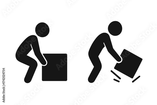 Man lifting and dropping heavy object icon. Proper and improper manual handling technique. Ergonomics and workplace safety pictogram. Correct posture for lifting weight vector set.