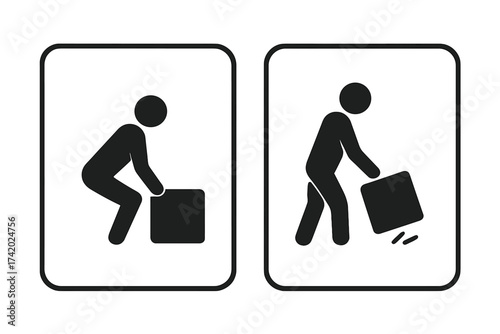 Ergonomic lifting technique and incorrect handling icon. Manual labor safety sign. Person carrying heavy box symbol. Vector illustration set for workplace guidelines.