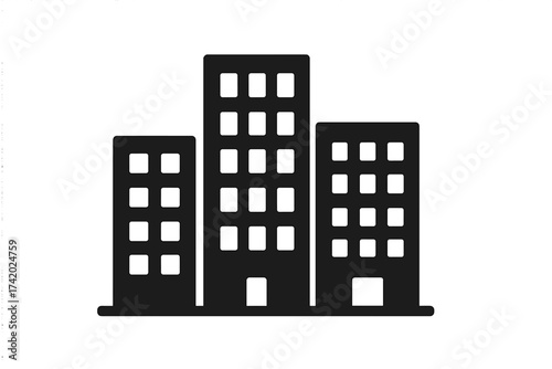 Office building icon. City town symbol. Vector illustration. Company headquarters graphic. Urban architecture silhouette for real estate, construction, and business design.