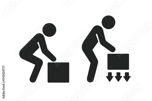 Man lifting and dropping heavy object icon set. Vector showing correct and incorrect manual handling posture. Ergonomics safety symbol for proper weight lifting technique.