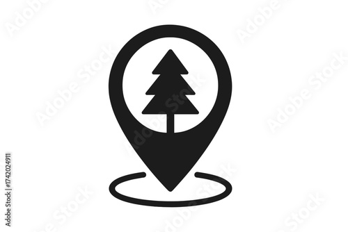 Park location icon. Map pin with pine tree symbol. Forest destination pointer. National park marker for navigation. Nature reserve locator sign. Outdoor travel spot. Vector.