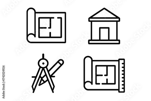 Architecture line icon set. Blueprint floor plan, house building, and compass drawing tool. Vector icons for construction, engineering, architect, and real estate design.
