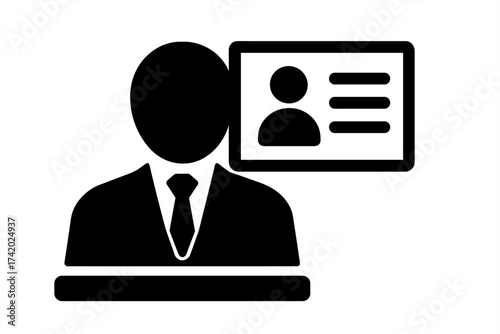 News presenter icon. TV anchor or speaker symbol. Vector illustration of a person at a desk. Concept for broadcasting, interview, conference, journalism, identification.