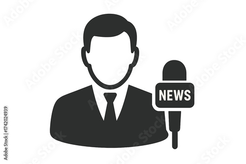 News announcer icon. Presenter, journalist, reporter symbol. Man with microphone for news broadcast or interview. Media, press conference, and reporting vector illustration.