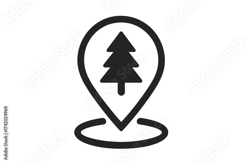 Park location icon. Map pin with pine tree. Forest pointer symbol for navigation. Outdoor nature camping spot. National park destination marker. GPS sign for hiking trail vector.
