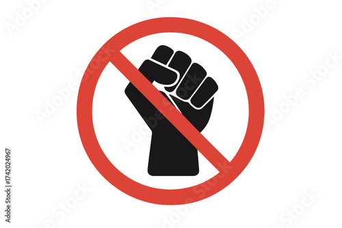 No violence fist icon. Forbidden protest sign. Stop aggression and conflict concept. Anti-riot and nonviolence symbol. Clenched hand in red circle. Prohibited fight pictogram.