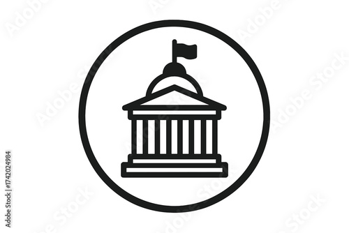 Government building line icon. Parliament, courthouse, bank symbol. Federal agency concept. Public institution, state authority pictogram. Politics, law, justice, finance vector logo.