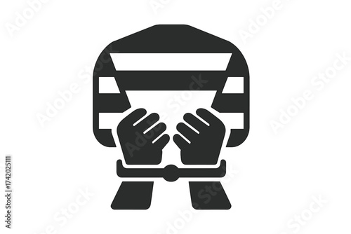 Prisoner with handcuffed hands behind back. Criminal in striped prison uniform. Arrest, jail, and punishment concept. Justice and law symbol. Convict icon vector illustration.
