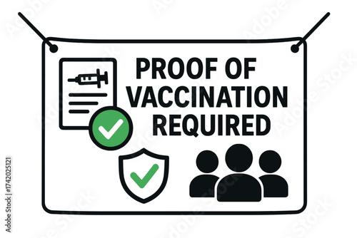Proof of vaccination required sign. Mandatory vaccine pass for entry. Health passport certificate for travel, events. Public safety, covid-19 pandemic rules vector icon set.