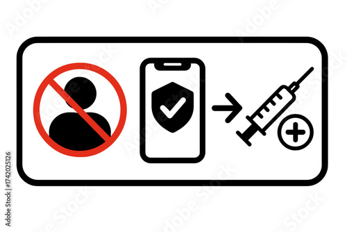 Vaccination required for entry sign. No entry without proof of vaccine. Digital health pass on smartphone. Covid-19 immunity certificate icon. Coronavirus safety measures.